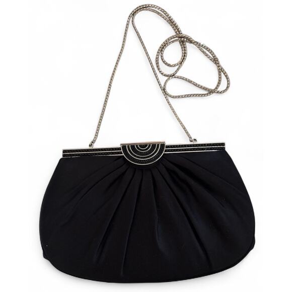 JUDITH LEIBER black satin jeweled clasp clutch bag chain strap handbag Dust Bag - Picture 2 of 12